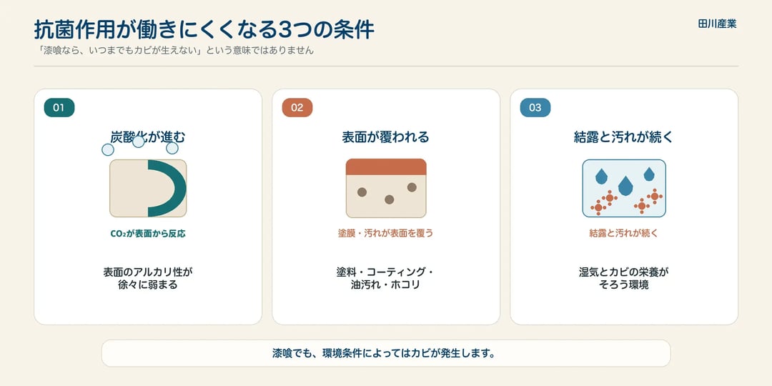 漆喰の抗菌作用が働きにくくなる条件として、炭酸化、表面を覆う塗膜や汚れ、結露と汚れが続く環境を示した図